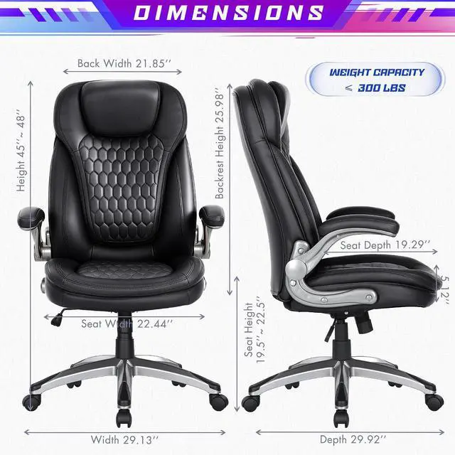 Alt view image 3 of 7 - Office Chair Ergonomic Desk Chair-Executive Office Chair, High Back Computer Chair Flip-up Arms, Strong Metal Base, Swivel Rolling Leather Chair for Adult Work/Study-Black, 300lbs