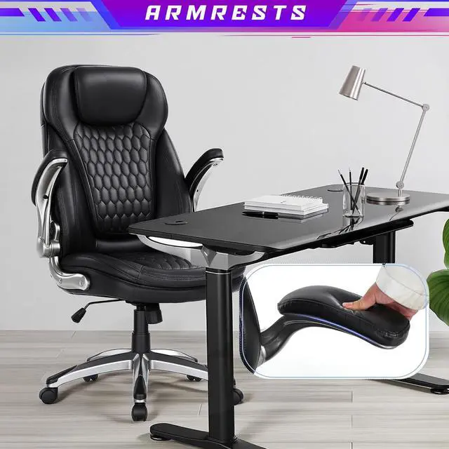 Alt view image 4 of 7 - Office Chair Ergonomic Desk Chair-Executive Office Chair, High Back Computer Chair Flip-up Arms, Strong Metal Base, Swivel Rolling Leather Chair for Adult Work/Study-Black, 300lbs