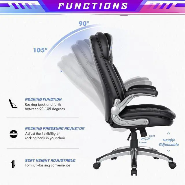Alt view image 5 of 7 - Office Chair Ergonomic Desk Chair-Executive Office Chair, High Back Computer Chair Flip-up Arms, Strong Metal Base, Swivel Rolling Leather Chair for Adult Work/Study-Black, 300lbs
