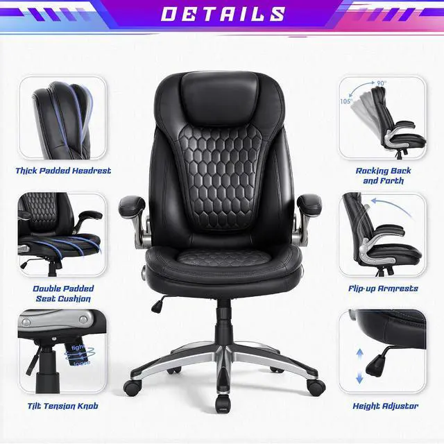 Alt view image 7 of 7 - Office Chair Ergonomic Desk Chair-Executive Office Chair, High Back Computer Chair Flip-up Arms, Strong Metal Base, Swivel Rolling Leather Chair for Adult Work/Study-Black, 300lbs