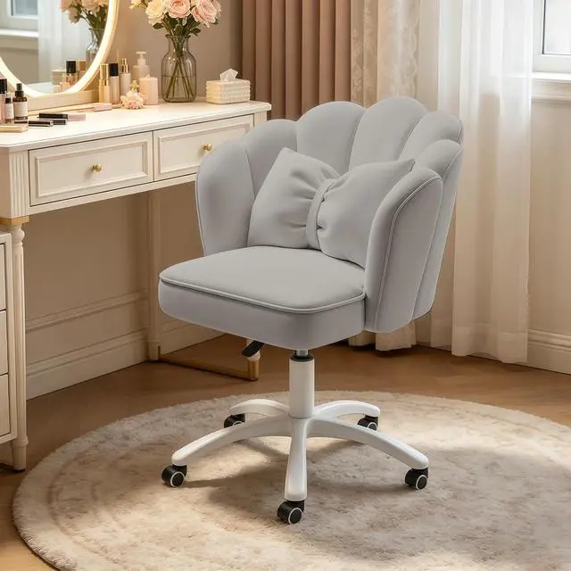 Main image of Petal Desk Chair with Bow Cushion Velvet Vanity Chair with Wheels, Upholstered Home Office Chair for Girls Women, Mid-Back Swivel Computer Task Chairs for Living Room Bedroom