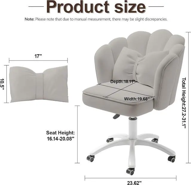 Alt view image 2 of 7 - Petal Desk Chair with Bow Cushion Velvet Vanity Chair with Wheels, Upholstered Home Office Chair for Girls Women, Mid-Back Swivel Computer Task Chairs for Living Room Bedroom