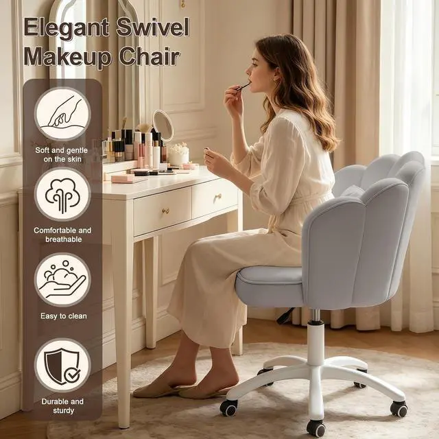 Alt view image 3 of 7 - Petal Desk Chair with Bow Cushion Velvet Vanity Chair with Wheels, Upholstered Home Office Chair for Girls Women, Mid-Back Swivel Computer Task Chairs for Living Room Bedroom