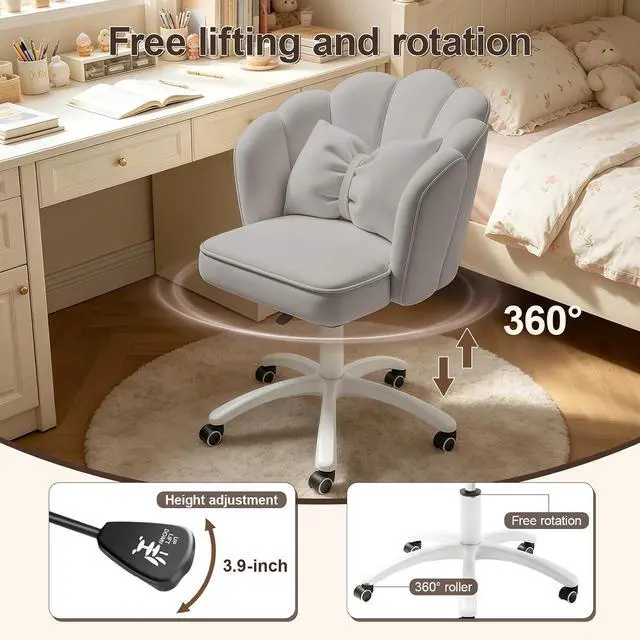 Alt view image 5 of 7 - Petal Desk Chair with Bow Cushion Velvet Vanity Chair with Wheels, Upholstered Home Office Chair for Girls Women, Mid-Back Swivel Computer Task Chairs for Living Room Bedroom