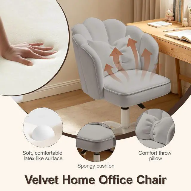 Alt view image 6 of 7 - Petal Desk Chair with Bow Cushion Velvet Vanity Chair with Wheels, Upholstered Home Office Chair for Girls Women, Mid-Back Swivel Computer Task Chairs for Living Room Bedroom