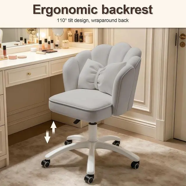 Alt view image 7 of 7 - Petal Desk Chair with Bow Cushion Velvet Vanity Chair with Wheels, Upholstered Home Office Chair for Girls Women, Mid-Back Swivel Computer Task Chairs for Living Room Bedroom