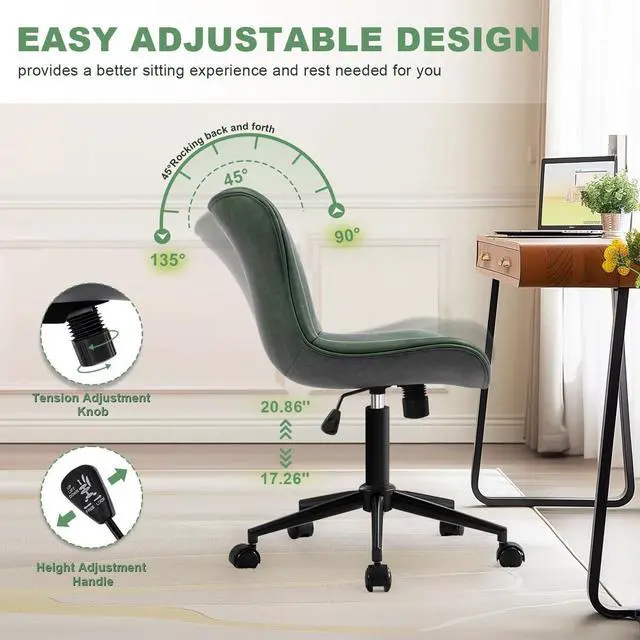 Alt view image 6 of 7 - Armless Office Chair, Height Adjustable Desk Chair with Wheels, Ergonomic Comfy 360° Swivel Home Office Computer Task Chair, Faux Leather Padded Cute Vanity Chair,Green