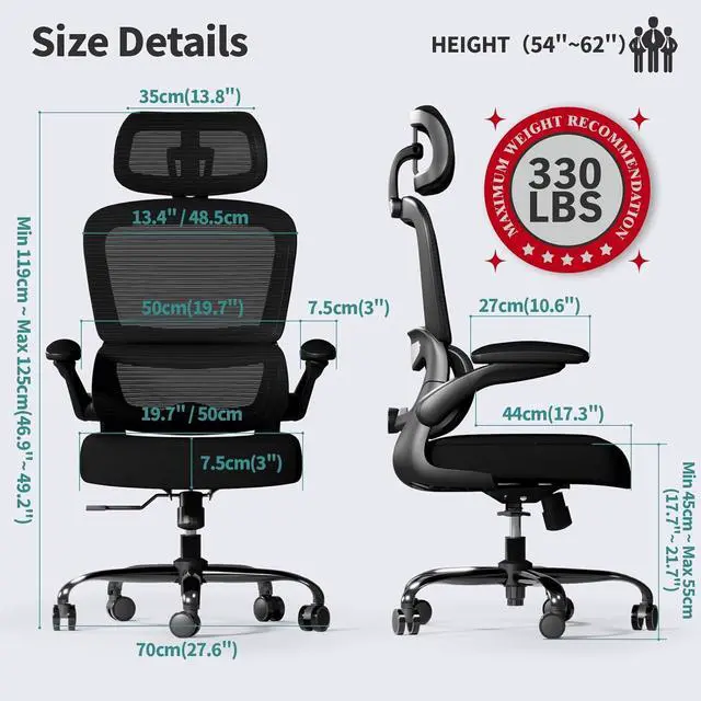 Alt view image 2 of 7 - TRALT Office Chair Ergonomic Desk Chair - Gaming Chair with Lumbar Support | 330 LBS Home Office Desk Chairs with Headrest, Reading Chair with Flip-up Armrests, Comfortable Computer Chairs (1, Black)
