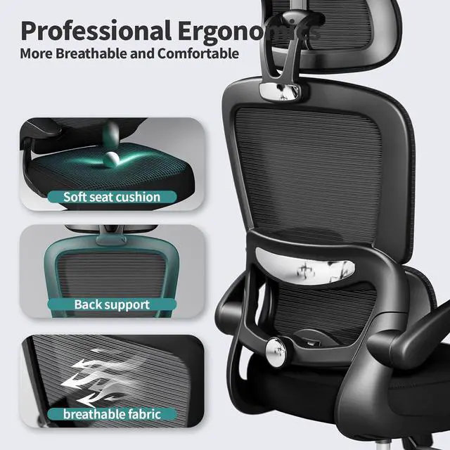 Alt view image 4 of 7 - TRALT Office Chair Ergonomic Desk Chair - Gaming Chair with Lumbar Support | 330 LBS Home Office Desk Chairs with Headrest, Reading Chair with Flip-up Armrests, Comfortable Computer Chairs (1, Black)