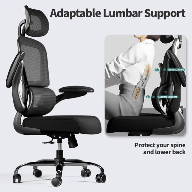 Alt view image 6 of 7 - TRALT Office Chair Ergonomic Desk Chair - Gaming Chair with Lumbar Support | 330 LBS Home Office Desk Chairs with Headrest, Reading Chair with Flip-up Armrests, Comfortable Computer Chairs (1, Black)