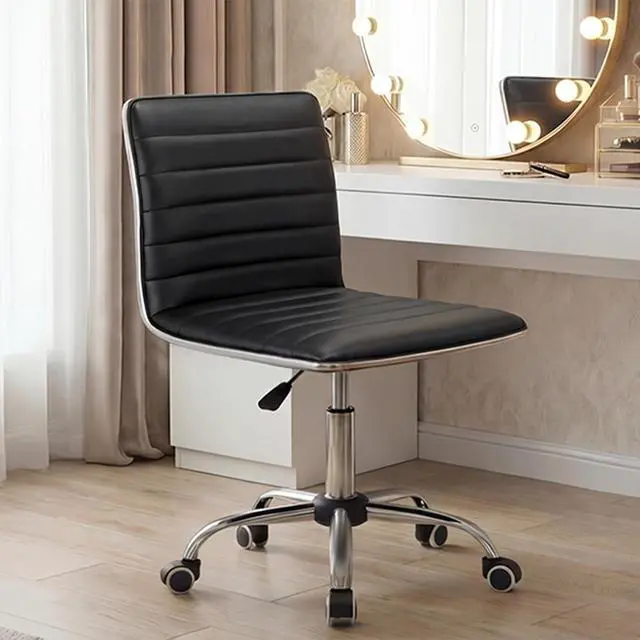 Main image of Furmax Vanity Office Desk Chair with Wheels, Armless Small Cute Leather Makeup Computer Task Chair Adjustable Height 360° Swivel (Black)
