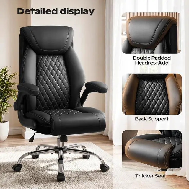Alt view image 3 of 7 - BestGlory Office Chair, Ergonomic High Back Home Office Desk Chair, Big and Tall Breathable Leather Office Chair with Lumbar Support Flip-Up Armrests, Computer Gaming Chair with Rocking Function