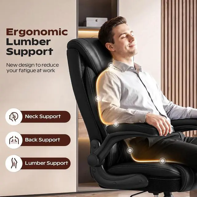Alt view image 4 of 7 - BestGlory Office Chair, Ergonomic High Back Home Office Desk Chair, Big and Tall Breathable Leather Office Chair with Lumbar Support Flip-Up Armrests, Computer Gaming Chair with Rocking Function