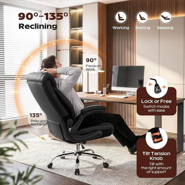 Alt view image 5 of 7 - BestGlory Office Chair, Ergonomic High Back Home Office Desk Chair, Big and Tall Breathable Leather Office Chair with Lumbar Support Flip-Up Armrests, Computer Gaming Chair with Rocking Function
