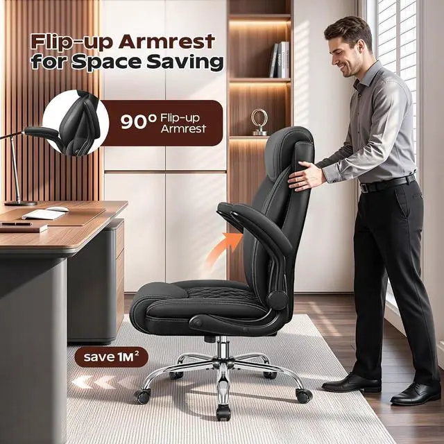 Alt view image 7 of 7 - BestGlory Office Chair, Ergonomic High Back Home Office Desk Chair, Big and Tall Breathable Leather Office Chair with Lumbar Support Flip-Up Armrests, Computer Gaming Chair with Rocking Function