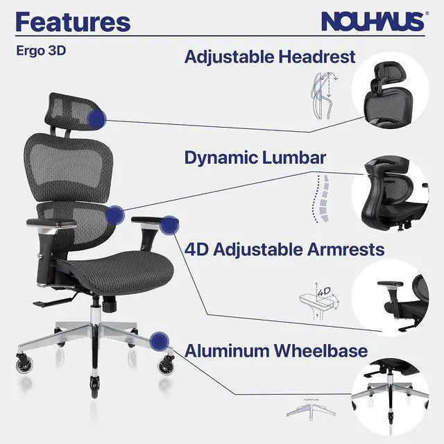 Alt view image 3 of 7 - Nouhaus Ergo3D Ergonomic Office Chair Lumbar Support Mesh Office Chair with 4D Adjustable Armrest, Adjustable Headrest and Wheels, Mesh High Back Home Office Desk Chairs(Black)