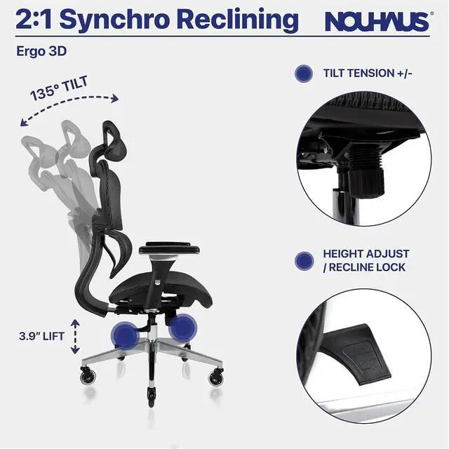 Alt view image 5 of 7 - Nouhaus Ergo3D Ergonomic Office Chair Lumbar Support Mesh Office Chair with 4D Adjustable Armrest, Adjustable Headrest and Wheels, Mesh High Back Home Office Desk Chairs(Black)