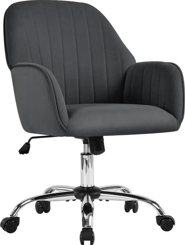 Main image of Yaheetech Velvet Office Desk Chair Channel-Tufted Swivel Seat, Dark Gray | Makeup vanity chair, soft foam-cushioned velvet seat assembles in minutes, adjusts 18 to 22 inches, tilts and swivels.