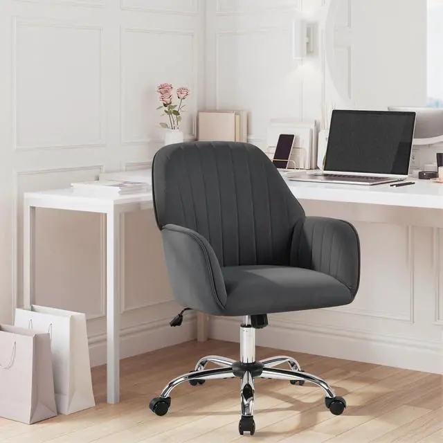 Alt view image 2 of 7 - Yaheetech Velvet Office Desk Chair Channel-Tufted Swivel Seat, Dark Gray | Makeup vanity chair, soft foam-cushioned velvet seat assembles in minutes, adjusts 18 to 22 inches, tilts and swivels.