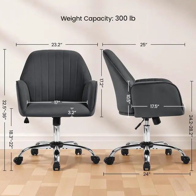 Alt view image 3 of 7 - Yaheetech Velvet Office Desk Chair Channel-Tufted Swivel Seat, Dark Gray | Makeup vanity chair, soft foam-cushioned velvet seat assembles in minutes, adjusts 18 to 22 inches, tilts and swivels.