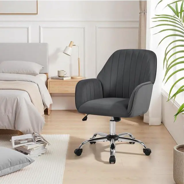 Alt view image 5 of 7 - Yaheetech Velvet Office Desk Chair Channel-Tufted Swivel Seat, Dark Gray | Makeup vanity chair, soft foam-cushioned velvet seat assembles in minutes, adjusts 18 to 22 inches, tilts and swivels.