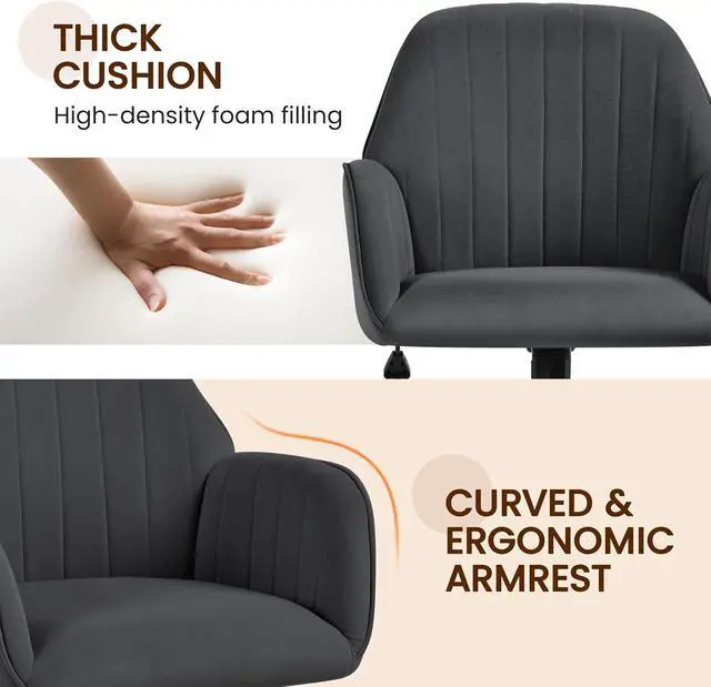 Alt view image 4 of 7 - Yaheetech Velvet Office Desk Chair Channel-Tufted Swivel Seat, Dark Gray | Makeup vanity chair, soft foam-cushioned velvet seat assembles in minutes, adjusts 18 to 22 inches, tilts and swivels.