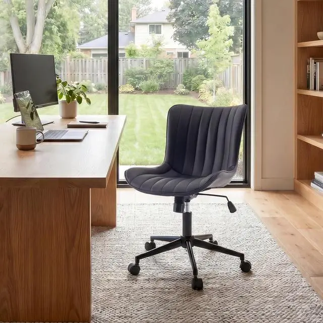 Main image of YOUNIKE Black Office Desk Chair with Wheels Armless Vanity Chair Modern | Faux Leather Upholstered with Rocking Back, Swivel Height Adjustable Small Cute Computer Rolling Task Chair Ergonomic 300lb