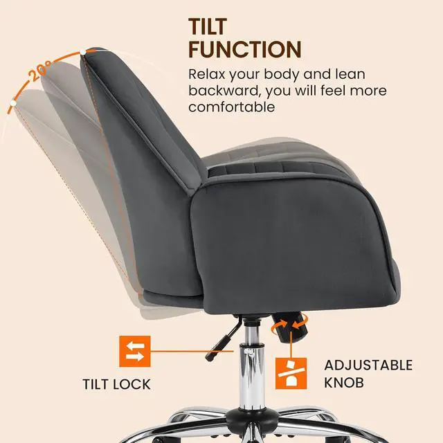 Alt view image 7 of 7 - Yaheetech Velvet Office Desk Chair Channel-Tufted Swivel Seat, Dark Gray | Makeup vanity chair, soft foam-cushioned velvet seat assembles in minutes, adjusts 18 to 22 inches, tilts and swivels.