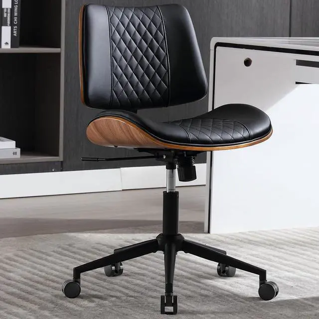 Main image of Home Office Chair No Arms with Wheels, Mid Back Walnut Style, Black | Adjustable Height Small Desk Chair, PU Leather Mid Back 360 Swivel Computer Seating, Armless Walnut Office Chair, 300LBS