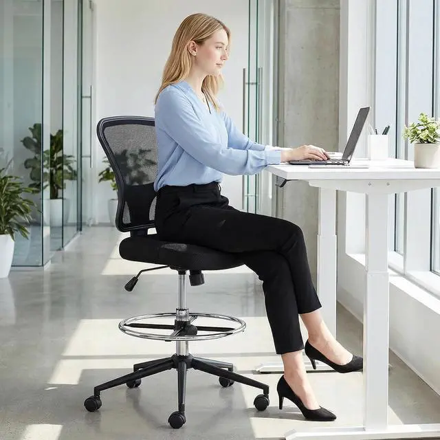 Alt view image 7 of 7 - Armless Drafting Chair Tall Office Chair Adjustable Height High Back Ergonomic Desk Chair Drafting Stool Rolling Bar Stools Chairs with Footrest and Wheels
