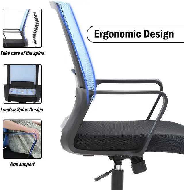 Alt view image 3 of 7 - Ergonomic Office Chair Desk Chair Computer Chair Mid Back Mesh Chair with Lumbar Support & Armrest Modern Adjustable Height Swivel Task Executive Chair for Women Men Adult, Blue