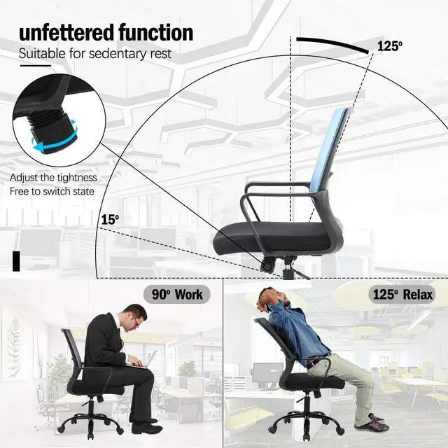 Alt view image 4 of 7 - Ergonomic Office Chair Desk Chair Computer Chair Mid Back Mesh Chair with Lumbar Support & Armrest Modern Adjustable Height Swivel Task Executive Chair for Women Men Adult, Blue