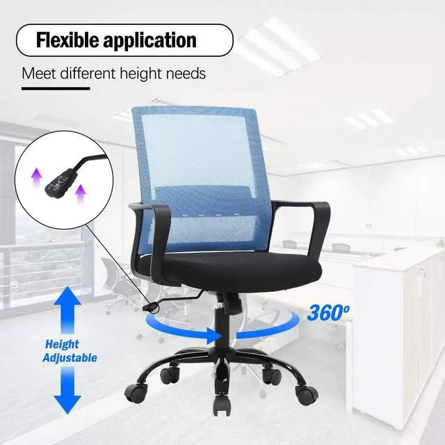 Alt view image 6 of 7 - Ergonomic Office Chair Desk Chair Computer Chair Mid Back Mesh Chair with Lumbar Support & Armrest Modern Adjustable Height Swivel Task Executive Chair for Women Men Adult, Blue