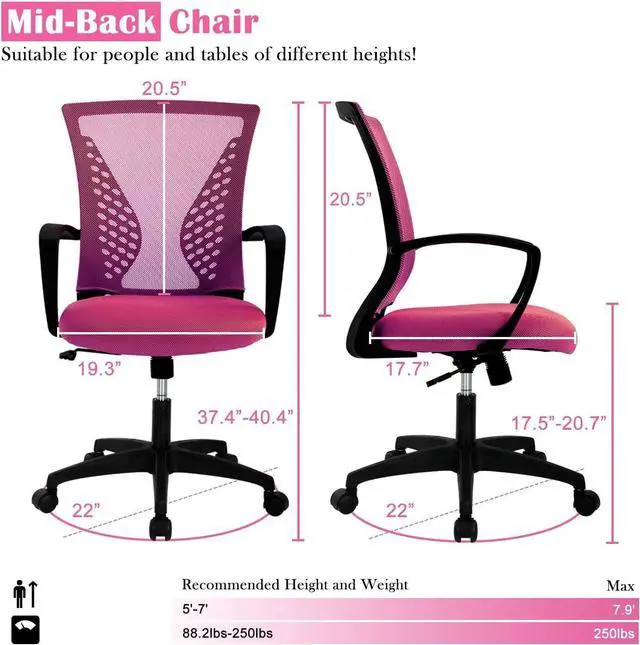 Alt view image 2 of 7 - Lucky Shop Home Office Chair Mesh Desk Chair, Ergonomic Computer with Lumbar Support& Armrest, Adjustable Executive Task Modern Mid Back Rolling Swivel for Women Adults, Pink