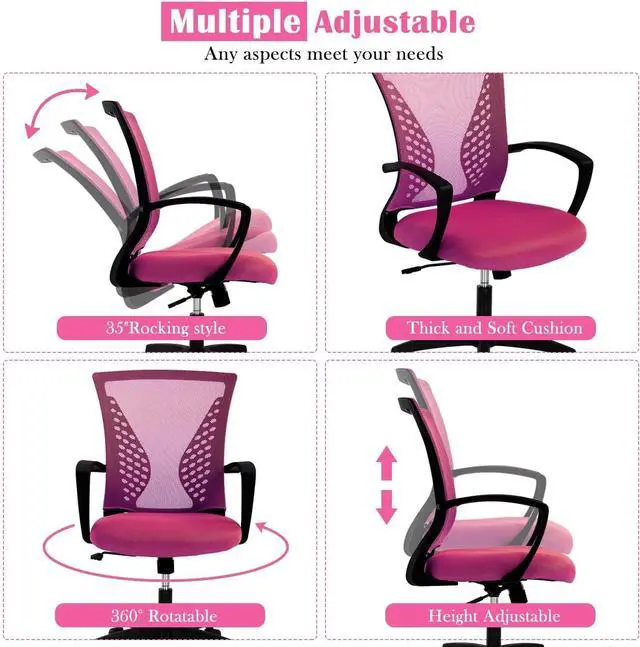 Alt view image 3 of 7 - Lucky Shop Home Office Chair Mesh Desk Chair, Ergonomic Computer with Lumbar Support& Armrest, Adjustable Executive Task Modern Mid Back Rolling Swivel for Women Adults, Pink