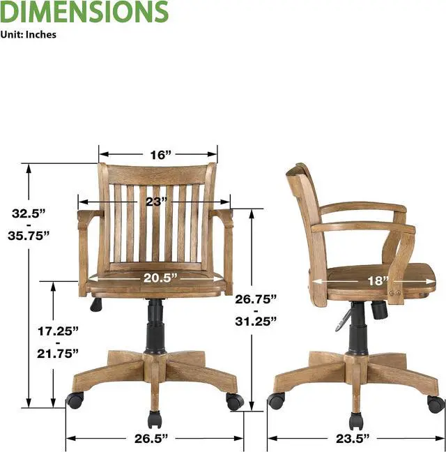 Alt view image 5 of 6 - OSP Home Furnishings Deluxe Wood Banker's Home Office Desk Chair with Adjustable Height, Locking Tilt and Heavy Duty Base, Medium Oak Finish
