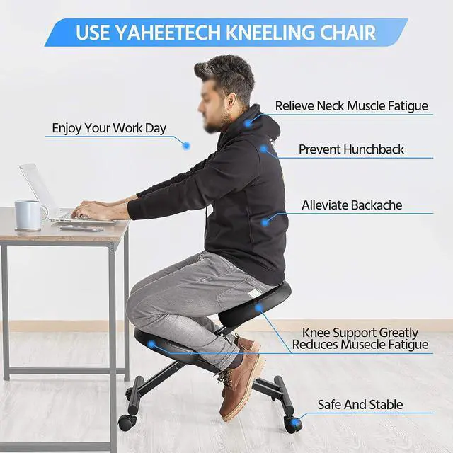 Alt view image 3 of 7 - Yaheetech Ergonomic Kneeling Chair, Adjustable Rolling Knee Stool, Black | Thick foam cushions in faux leather support an upright posture; the metal frame tilts 91-130 degrees and rolls on casters.