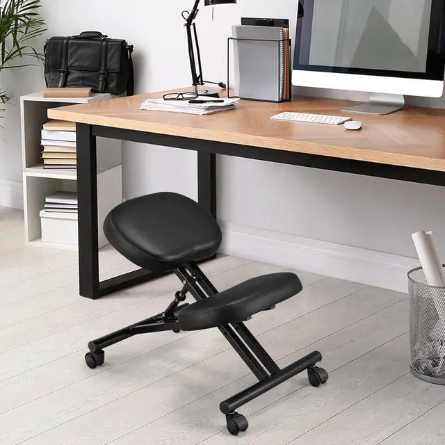 Alt view image 4 of 7 - Yaheetech Ergonomic Kneeling Chair, Adjustable Rolling Knee Stool, Black | Thick foam cushions in faux leather support an upright posture; the metal frame tilts 91-130 degrees and rolls on casters.