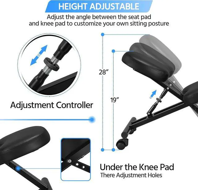 Alt view image 5 of 7 - Yaheetech Ergonomic Kneeling Chair, Adjustable Rolling Knee Stool, Black | Thick foam cushions in faux leather support an upright posture; the metal frame tilts 91-130 degrees and rolls on casters.