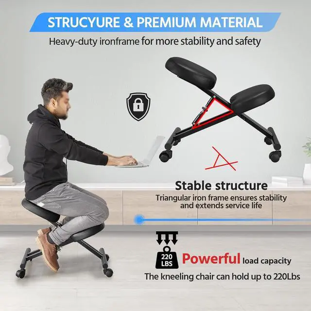 Alt view image 6 of 7 - Yaheetech Ergonomic Kneeling Chair, Adjustable Rolling Knee Stool, Black | Thick foam cushions in faux leather support an upright posture; the metal frame tilts 91-130 degrees and rolls on casters.