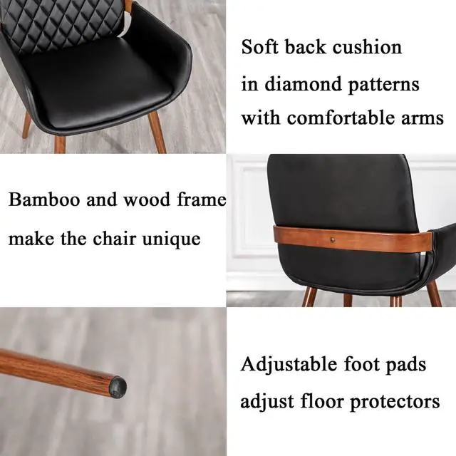 Alt view image 6 of 7 - LUNLING Mid Century Modern Faux Leather Dining Chairs Set of 2, Black, Upholstered Seat, Metal Legs, Adjustable Foot for Kitchen Dining Room Desk Chairs