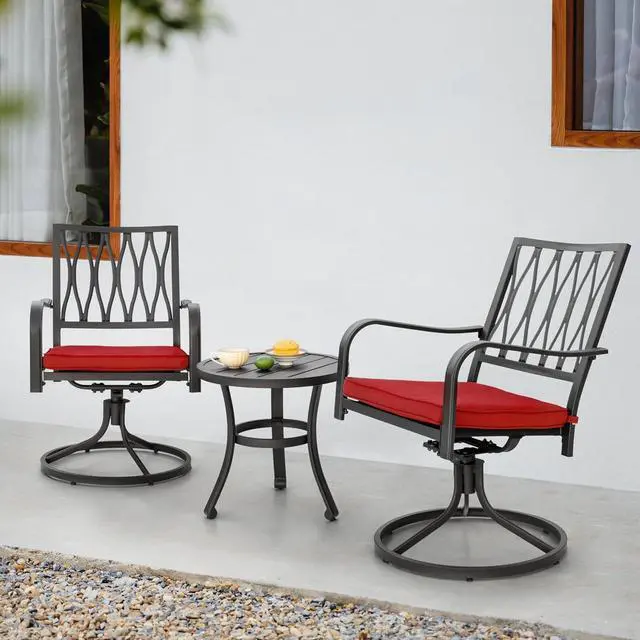 Main image of NUU GARDEN 3 Piece Outdoor Bistro Set, Iron Swivel Chairs with Red Cushions and 20" Round Bistro Table, Powder-Coated Iron Frame for Patio, Deck, Garden, Backyard, Black
