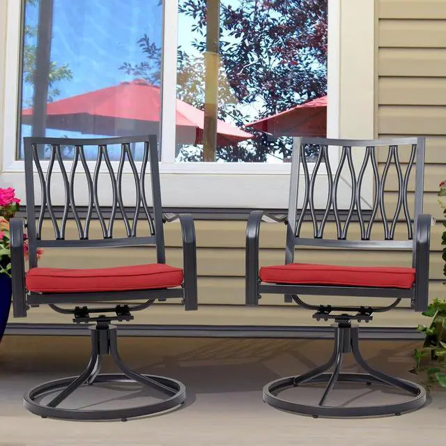 Alt view image 2 of 7 - NUU GARDEN 3 Piece Outdoor Bistro Set, Iron Swivel Chairs with Red Cushions and 20" Round Bistro Table, Powder-Coated Iron Frame for Patio, Deck, Garden, Backyard, Black