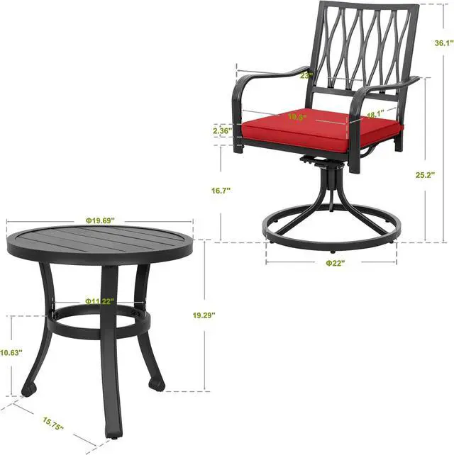 Alt view image 6 of 7 - NUU GARDEN 3 Piece Outdoor Bistro Set, Iron Swivel Chairs with Red Cushions and 20" Round Bistro Table, Powder-Coated Iron Frame for Patio, Deck, Garden, Backyard, Black