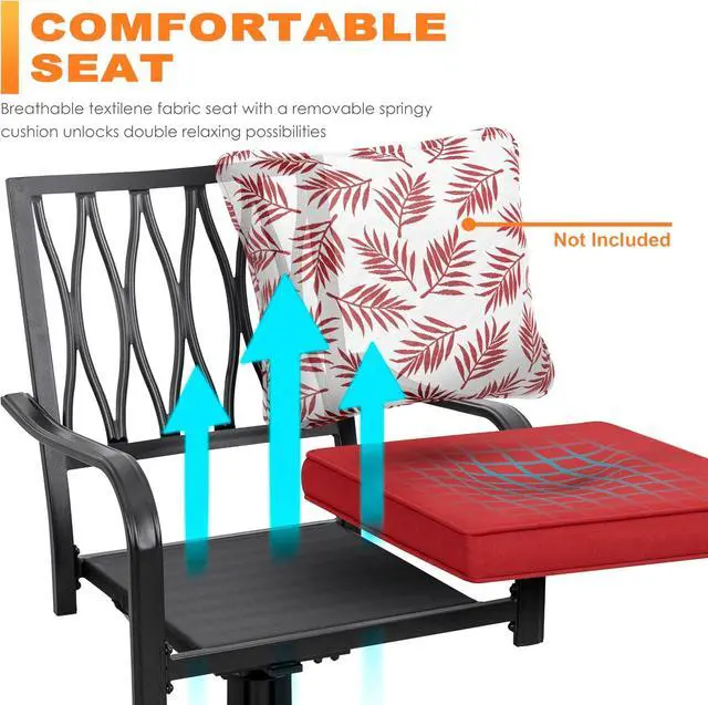 Alt view image 4 of 7 - NUU GARDEN 3 Piece Outdoor Bistro Set, Iron Swivel Chairs with Red Cushions and 20" Round Bistro Table, Powder-Coated Iron Frame for Patio, Deck, Garden, Backyard, Black