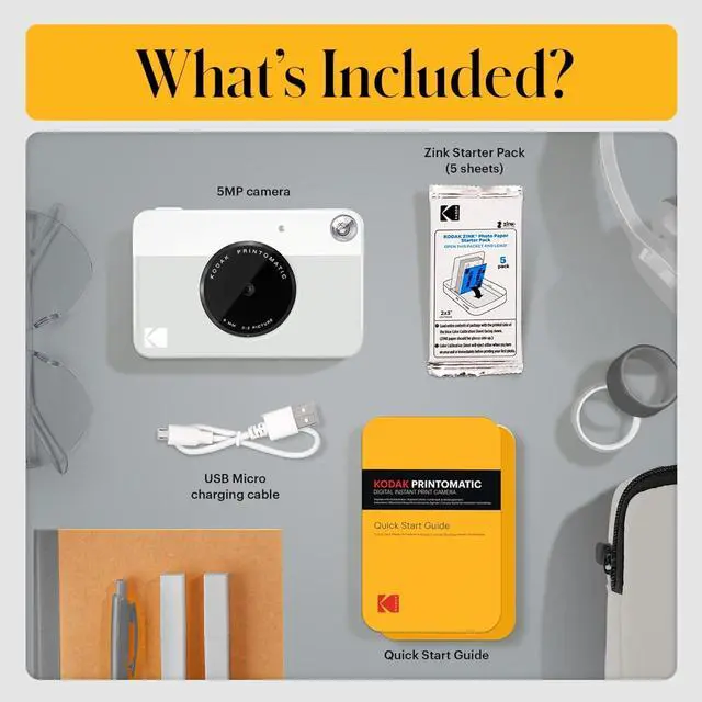 Alt view image 3 of 7 - Kodak Printomatic Instant Camera (Grey) Gift Bundle + Zink Paper (20 Sheets) + Deluxe Case + 7 Fun Sticker Sets + Twin Tip Markers + Photo Album.