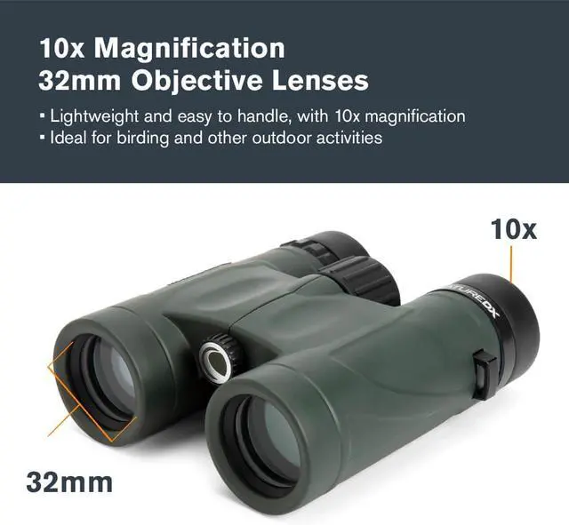 Alt view image 2 of 7 - Celestron Nature DX 10x32 Waterproof Birding Binoculars | 32mm Objective Lenses, 10x Magnification, Wide 7.4° Field of View, Phase-Coated BaK-4 Prisms, Fogproof Construction