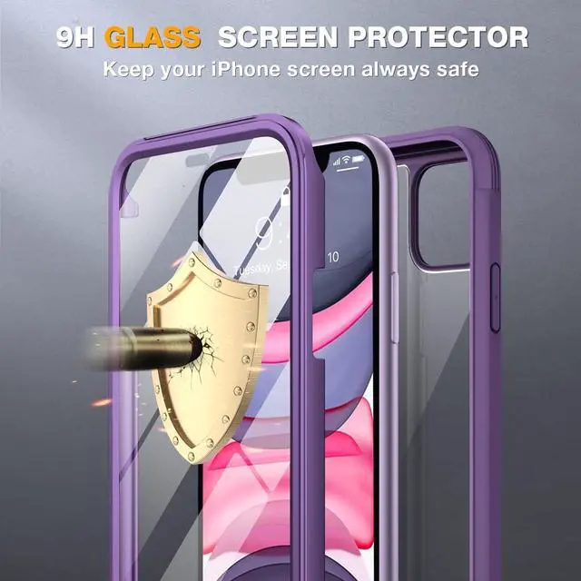 Alt view image 4 of 7 - Miracase Glass Series for iPhone 11 Case 6.1 inch, Upgraded Full-Body Rugged Phone Bumper Case Cover with Built-in 9H Tempered Glass Screen Protector and Camera Protector, Purple