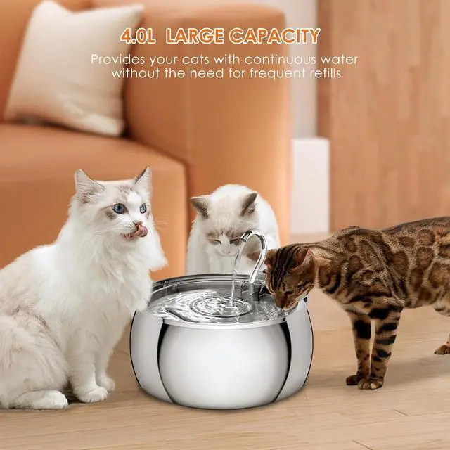 Alt view image 4 of 7 - Cat Water Fountain Stainless Steel 4.0L/1.1Gal Cat Fountain for Drinking,Pet Water Fountain for Cats Indoor,Ultra-Quiet Pump,Multi-Filter System,Dishwasher Safe,Ideal for Multiple Pets