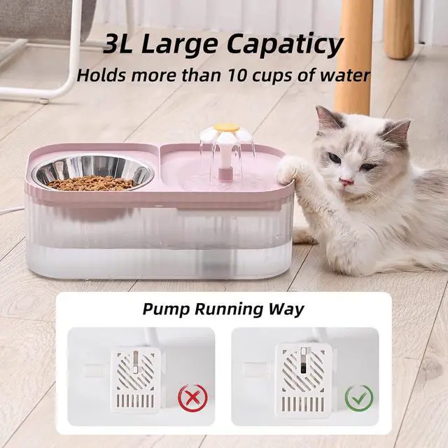 Alt view image 2 of 6 - Cat Water Fountain and Food Bowl, 3L/101oz Ultra Quiet Pet Water Dispenser with Smart Pump and 3 Replacement Filters, Automatic Flower Fountain & Stainless Steel Bowl for Dog & Cat (Pink)
